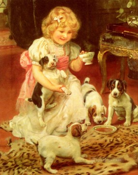  Children Oil Painting - Tea Time idyllic children Arthur John Elsley